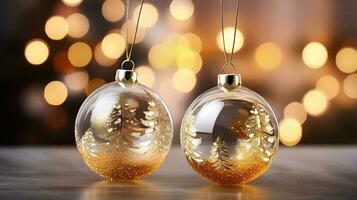 AI generated 3D rendering of glass Christmas bulbs with bokeh background, Christmas ornaments on Christmas tree with gold and white lights photo