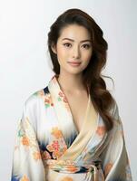 ai generado retrato de un joven japonés hembra modelo vistiendo un kimono posando graciosamente, aislado blanco fondo, ai generativo foto