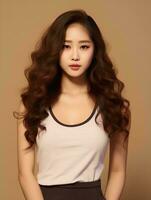 AI generated Beautiful young Asian woman wearing tank top with long curly hair, Korean style makeup and perfect skin on an isolated background, AI Generative photo