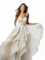 AI generated Portrait of a wedding dress model, beautiful pure white female model, as a photo of a tasseled dress model, beautiful smiling expression, graceful pose