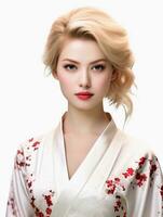 ai generado retrato de joven rubia japonés hembra modelo vistiendo kimono posando graciosamente, aislado blanco fondo, generativo ai foto