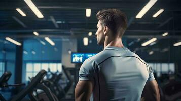 ai generado lado ver retrato de un deportista mirando a formación equipo, con un gimnasio en el antecedentes foto