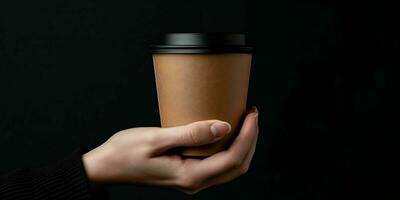 AI generated Female Hand Holding a Brown Coffee Paper Cup on Black Background. Elegant Coffee Cup Mockup. Generative AI photo