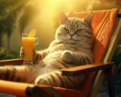 AI generated Orange Cat Chilling and Lying on a Sun Lounger Enjoying Orange Juice with Sunshine. Generative AI photo