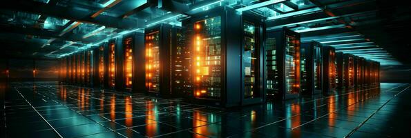 AI generated Data Center Background. Futuristic Server Room. Generative AI photo
