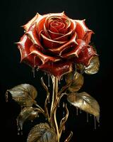 AI generated Red and Gold Glass Rose Flower with Water Droplets on it Isolated on Black Background. Generative AI photo