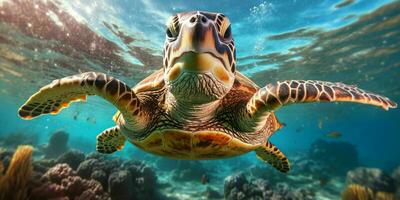 AI generated Portrait of a Sea Turtle Swimming in the Sea. Generative AI photo