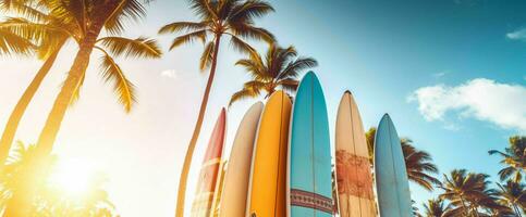 ai generado tabla de surf en el playa con azul cielo vista. generativo ai foto