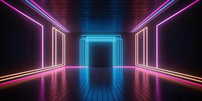 AI generated Modern Dark Room with Glowing Neon Lines with Retro 80s Style. Futuristic Interior with Laser Effect. Generative AI photo