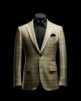 AI generated Elegant Beige Men's Suit with Gingham Motif Isolated on Black Background. Generative AI photo