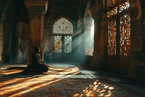 AI generated Muslim Man Praying at a Mosque with Sunlight Effect. Worshiping God. Generative AI photo