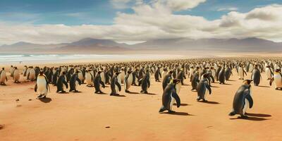 AI generated Penguin Colony on the Beach with Beautiful landscape View. Generative AI photo