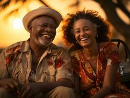 AI generated Romantic Elderly African Couple Embracing Each Other with Sunset View. Generative Ai photo