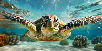 AI generated Portrait of a Sea Turtle Swimming in the Sea. Generative AI photo