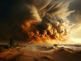 AI generated Stormy Sky with Lightning Strikes in the Desert. Sandstorm Landscape. Generative Ai photo