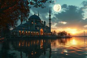 AI generated A Magnificent Mosque with a Beautiful Sky View at Sunset. Generative AI photo