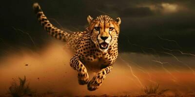 AI generated A Cheetah Sprinting in the Desert with Thunderstorm Behind. Generative AI photo