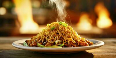 AI generated Delicious Fried Noodle with Smoky Effect on a Wooden Table. Generative AI photo