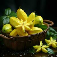 AI generated Fresh Carambola Fruit with Water Drops. Star Fruit. Generative AI photo