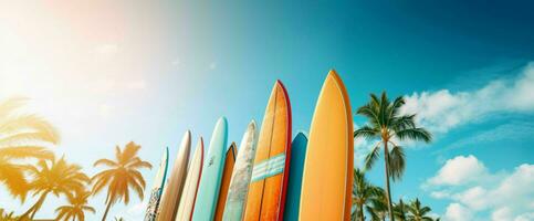 ai generado tabla de surf en el playa con azul cielo vista. generativo ai foto