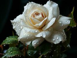 AI generated Blooming White Rose with Water Droplets on it Isolated on Black Background. Rose Close Up. Generative AI photo