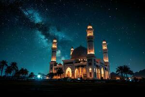 AI generated A Magnificent Mosque with a Beautiful Sky View at Sunset. Generative AI photo