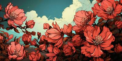 AI generated Blooming Flowers Illustration in Retro Comic Art Style. Generative AI photo
