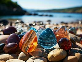 ai generado vistoso mar vaso en el playa. piedra preciosa. generativo ai foto