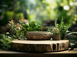 AI generated Wooden Product Display Podium with Nature Background. Natural Product Placement Pedestal Stand. Generative AI photo