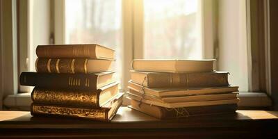 ai generado apilar de libros en un de madera mesa con ventana y luz de sol en el antecedentes. generativo ai foto