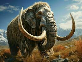 AI generated A Woolly Mammoth with Vast Pastures and Mountains Background. Generative AI photo