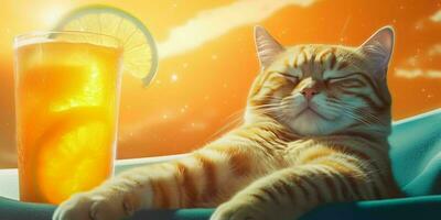 AI generated Orange Cat Chilling and Lying on a Sun Lounger Enjoying Orange Juice with Sunshine. Generative AI photo