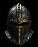 ai generado hierro medieval guerra casco aislado en negro antecedentes. generativo ai foto