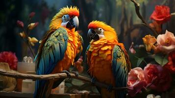 AI generated Exotic and Colorful Parrots Perched on a Branch. Generative Ai photo