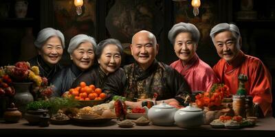 ai generado contento asiático mayor familia reunión juntos en tradicional ropa con platos en el mesa, celebrando chino nuevo año. generativo ai foto