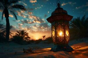 ai generado Arábica linterna en el Desierto a puesta de sol. Ramadán kareem antecedentes. musulmán santo mes. generativo ai foto