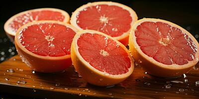 AI generated Sliced Fresh Grapefruits with Water Droplets. Pomelo Fruits. Generative AI photo