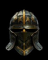 ai generado hierro medieval guerra casco aislado en negro antecedentes. generativo ai foto