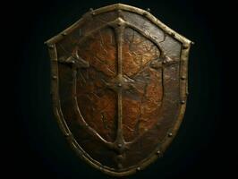 AI generated Rusty Medieval Shield with War Torn Effect Isolated on Black Background. Generative AI photo