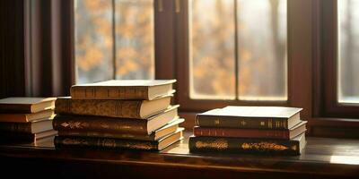 ai generado apilar de libros en un de madera mesa con ventana y luz de sol en el antecedentes. generativo ai foto