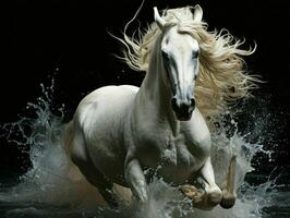 AI generated Strong White Horse Galloping with Water Splashes on Black Background. Generative AI photo