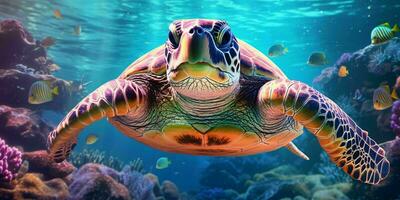 AI generated Portrait of a Sea Turtle Swimming in the Sea. Generative AI photo