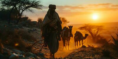 ai generado medio oriental hombre con su camellos en el Desierto a puesta de sol. generativo ai foto