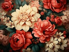 AI generated Beautiful Blooming Flowers Illustration in Vintage Art Style. Exotic Floral Background. Generative AI photo