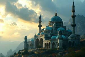 AI generated A Magnificent Mosque with a Beautiful Sky View at Sunset. Generative AI photo