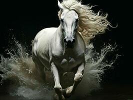 AI generated Strong White Horse Galloping with Water Splashes on Black Background. Generative AI photo