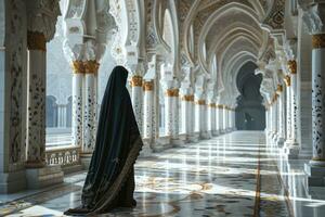 ai generado muslimah con niqab camina en el lujoso interior de un mezquita. musulmán mujer a mezquita. generativo ai foto