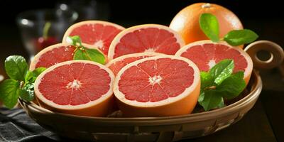 AI generated Sliced Fresh Grapefruits with Water Droplets. Pomelo Fruits. Generative AI photo