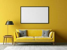 AI generated Minimalist Yellow Living Room Interior Design with Blank White Picture Frame Mockup. Generative AI photo