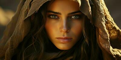 ai generado retrato de hermosa velado árabe mujer con Desierto antecedentes. cerca arriba de medio oriental mujer con hermosa ojos. generativo ai foto